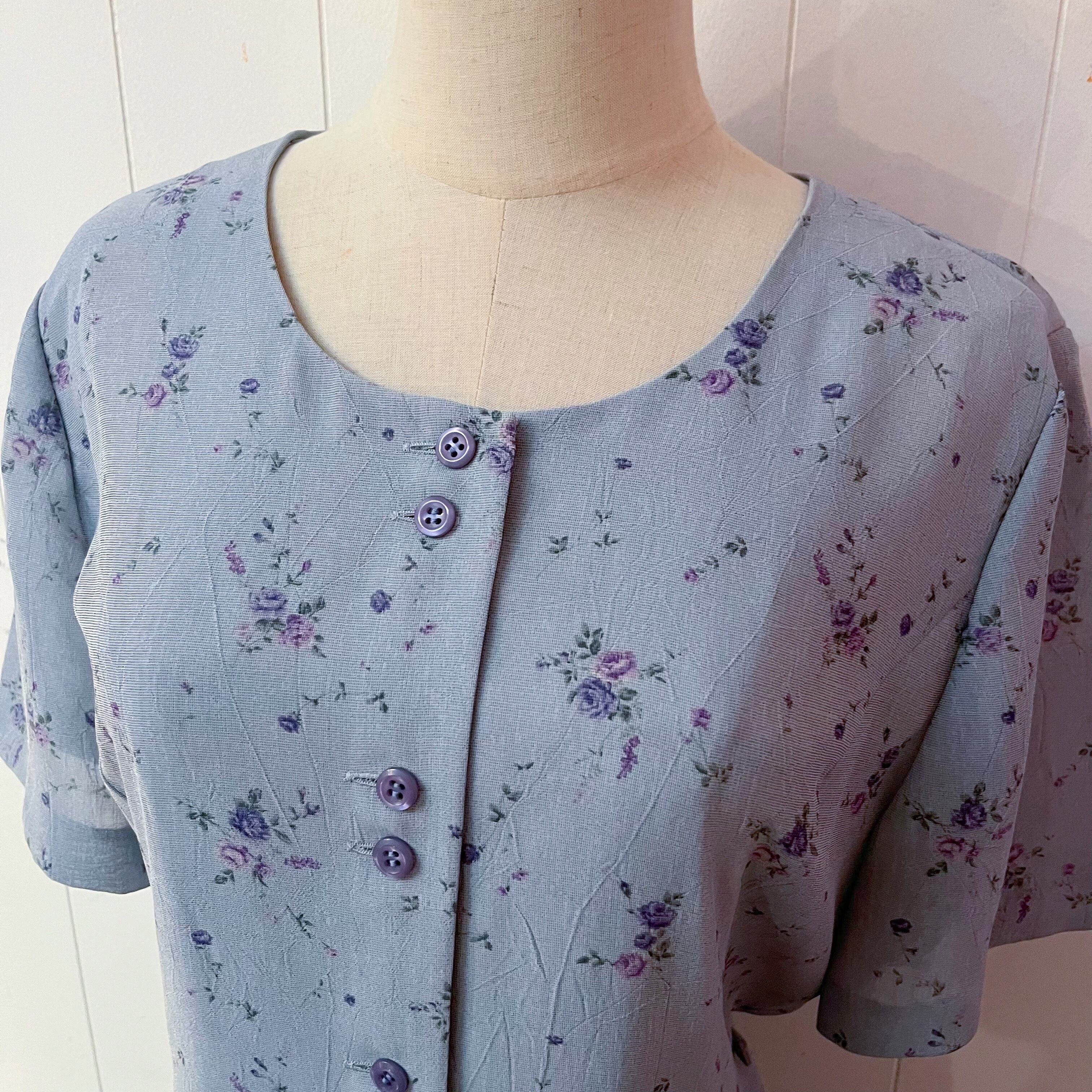 blue purple rose front button one-piece