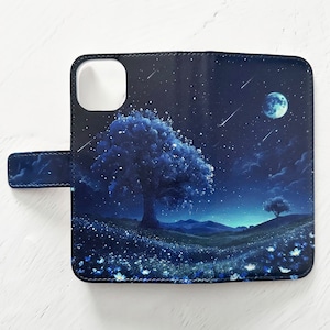 月が輝くネモフィラ畑の幻想世界 手帳型スマホケース iPhoneケース 全機種対応