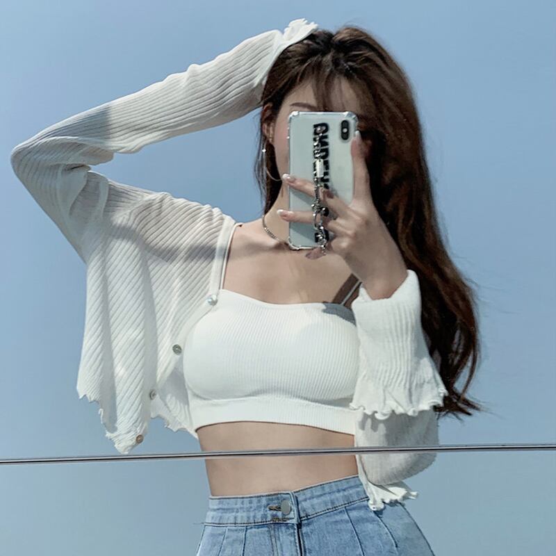 Vネック薄手セーター レディースサマークロップドトップス ホワイトカーディガンコート 夏物 スーパーモール85653150482