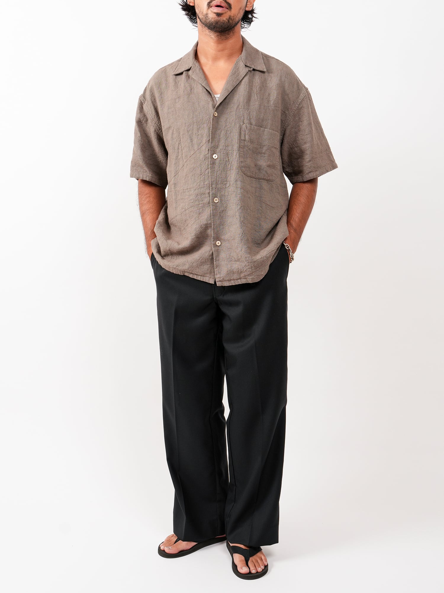 Hemp Short Sleeve Open Collar Shirt (black) | OVY