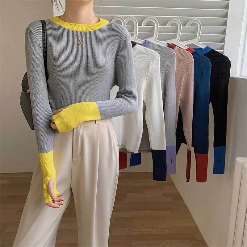 6color / バイカラーフィンガーホールニットトップス