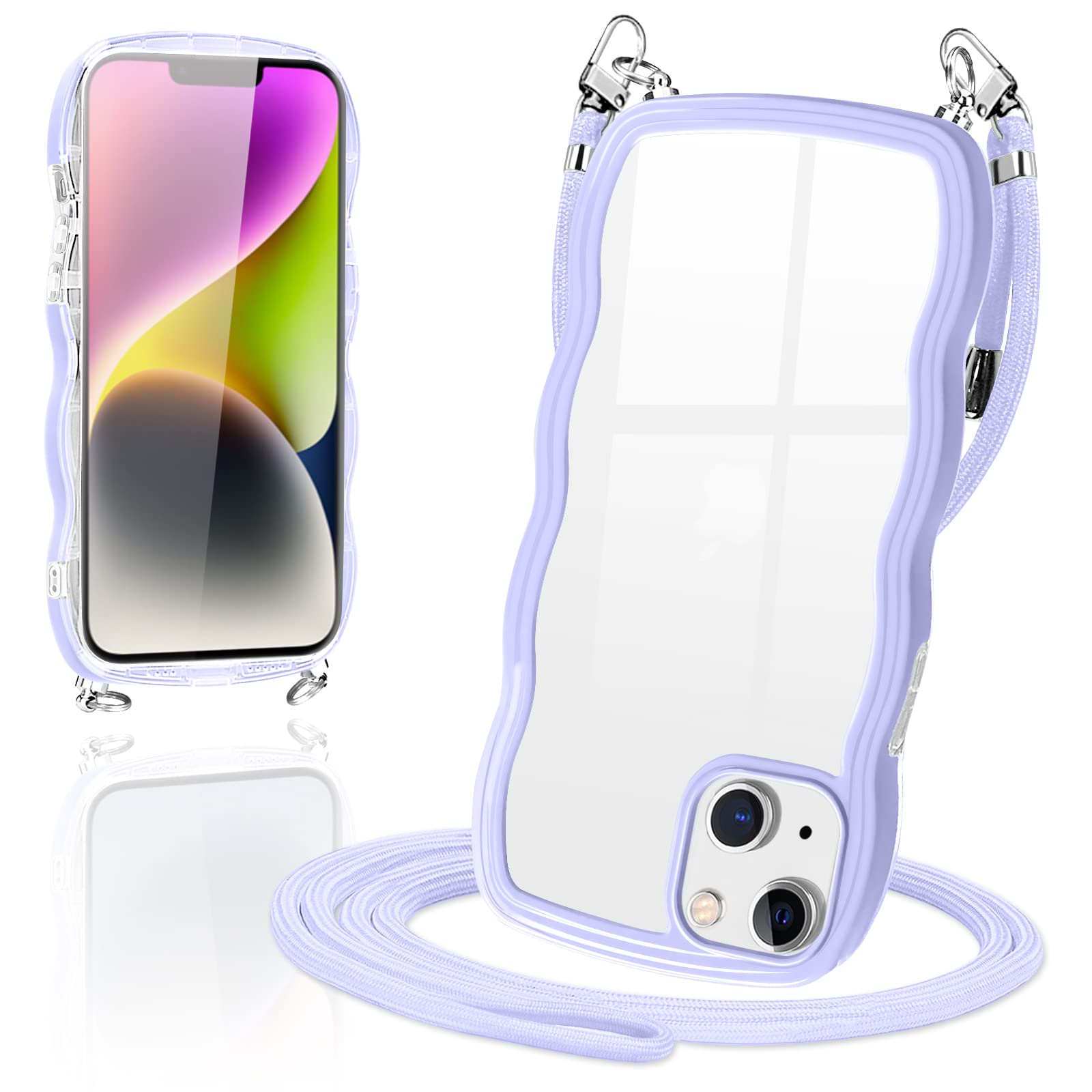 Loodoomo iPhone14/13 用の ケース ショルダー クリア いPhone14/13 ストラップ カバー 肩掛け(パープル)
