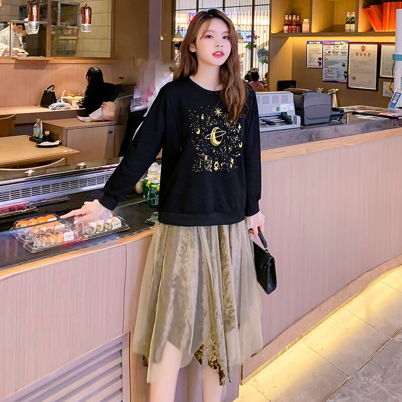 【新作】【送料無料】 マタニティウェア2020秋/冬の新しいセーター印刷授乳トップ+メッシュスカート2ピース産後授乳-アリババ オータム 秋物 ウィンター 冬物 expec214485115524