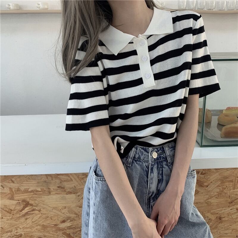 カラーストライプショートセーター レディースサマールーズTシャツ 夏物 YY-ファッション15963948955