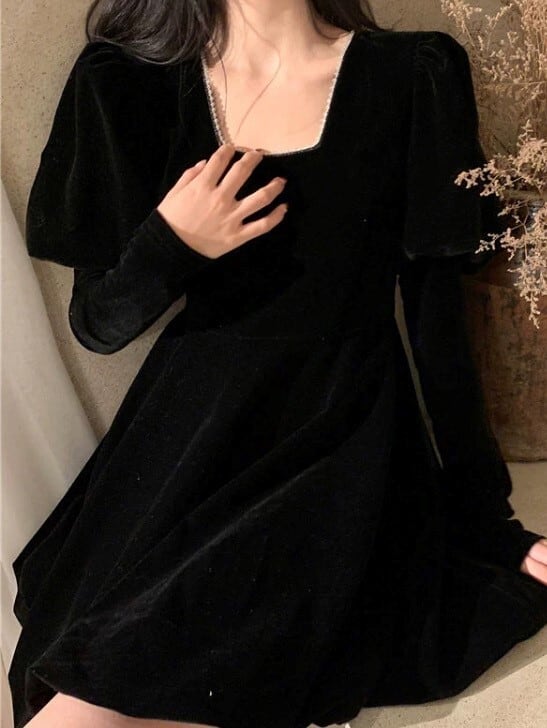 パワーショルダーフレアミニワンピース スクエアネック おしゃれ 大きいサイズ 韓国 CH6993