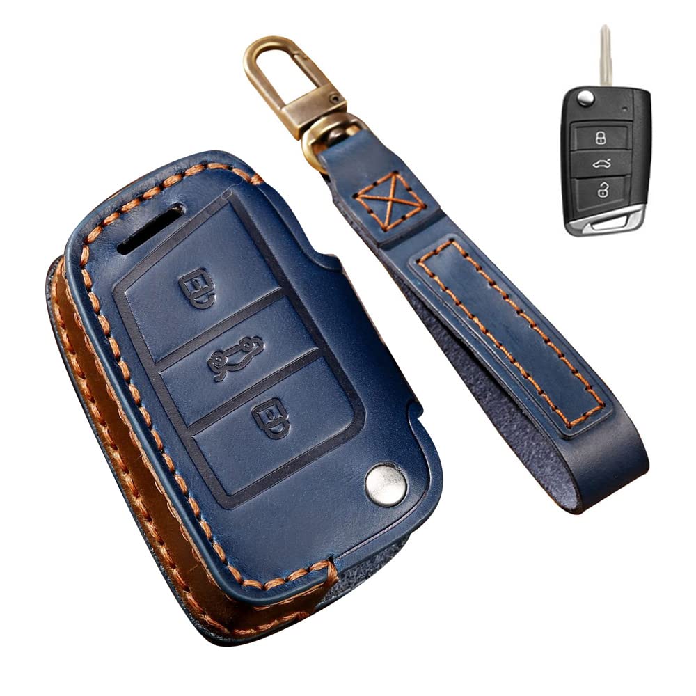 キーケース フォルクスワーゲン 用 スマートキーケース キーカバー 3ボタン 本革 レザー フォルクスワーゲン 専用設計 VW パサート B5 B6 ゴルフ 4 5 6 ジェッタ ティグアン 新しいマゴタン パサート 新しいCC 等に適用 手触りいい 汚れ 滑り 傷 防止 オシャレ リモコン キーホルダー (ブルー)