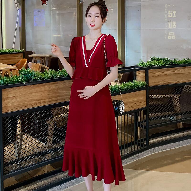 【新作】【送料無料】 マタニティウェア2020夏の新しいシフォンステッチ偽のツーピースVネックドレスファッション妊婦ドレス年齢を減らす流行の母親-アリババ サマー 夏物 expec296839291659