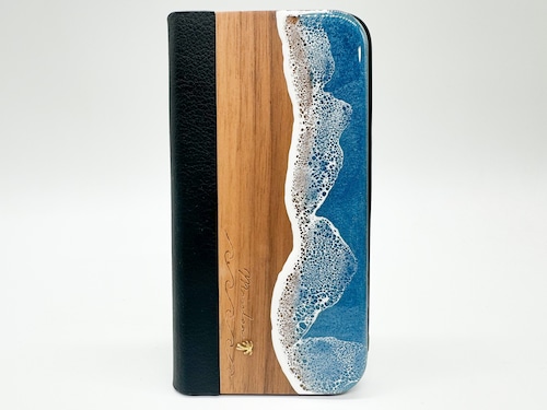 Sea/wood×resin duck blue wave 手帳型case(walnut)
