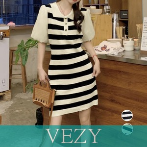 ワンピース ボーダー柄 ニットワンピース 襟付き サマーニットワンピ 袖切り替え ポロワンピース おしゃれ カジュアル 半袖春夏ワンピース 体型カバー ワンピース チュニック ベジー VEZY ItemNo.【19921868 】