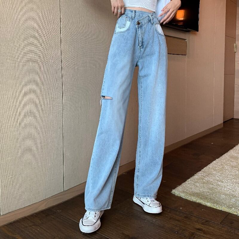 不規則な穴Xuanyaジーンズ女性の2020年秋新しいイントレンドパンツルーズストレートワイドレッグパンツ ブラックストロベリース72803146034