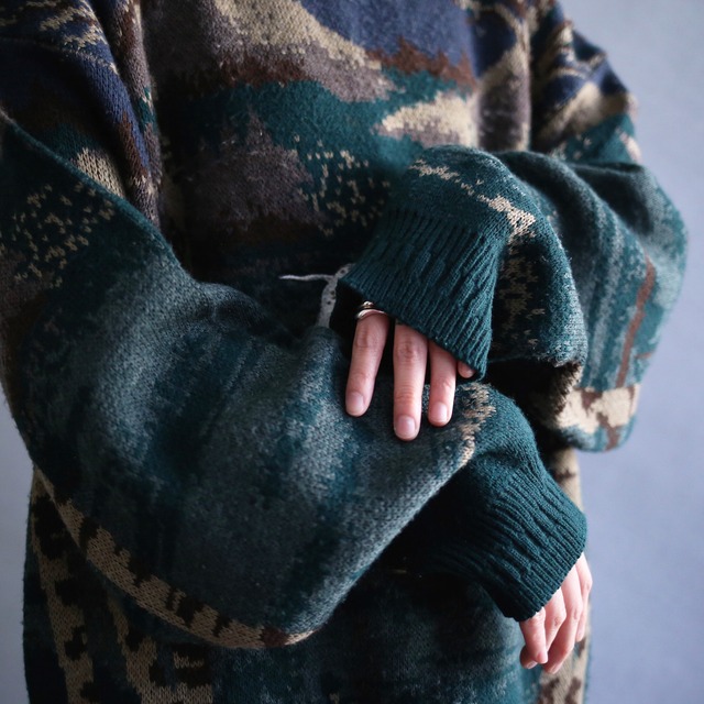 "刺繍" dog and birds forest pattern over size knit sweater