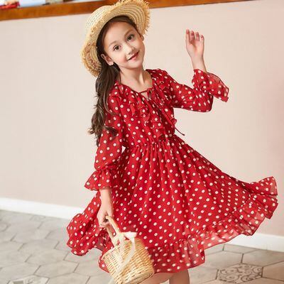 ママサイズ有 赤色 水玉 シフォン ワンピース 1 150m ママサイズ 可愛い ドット柄 リゾート 春 夏 フレア 大人っぽ スタイル マリン 19s S 韓国 子供服 女の子 ガールズ P077 A Dear Child