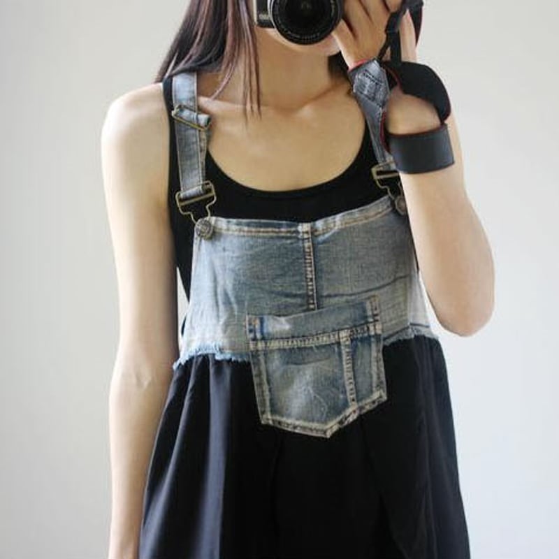 デニム ジャンスカ 異素材 ドッキング ワンピース ジャンパースカート