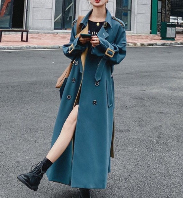 トレンチコート ロングコート コート レディース 冬 40代 きれいめ 30代 ロング丈 カジュアル 個性的 ウエストマーク おしゃれ ブルー 秋 ワンピの里