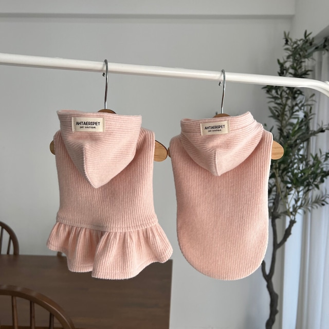 【予約】[ahtaeripet] Warm warm Fleece-Lined Ribbed T-Shirt ／pink (Basic, Frill)