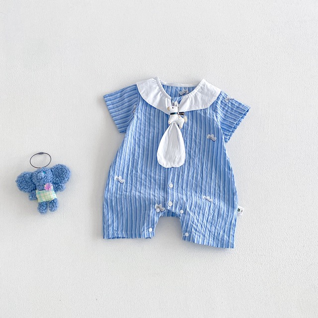 【BABY】ホワイトホース刺繍襟付きストライプロンパース - 4