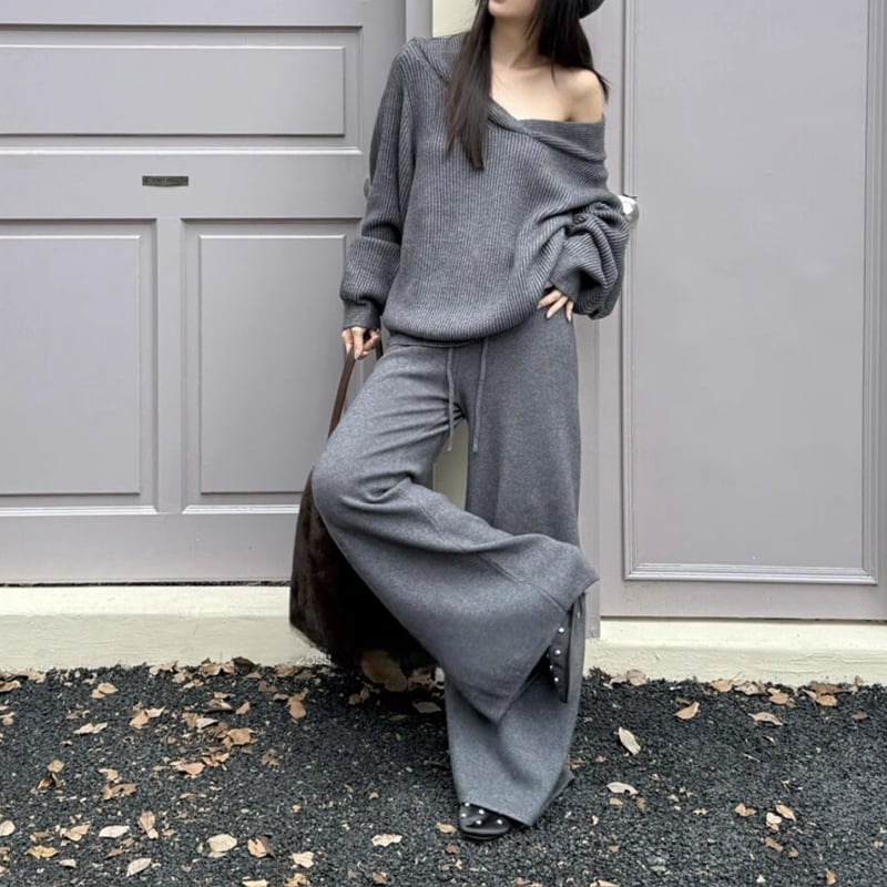 【set】Vネックニットトップス×ワイドパンツセット Q7156