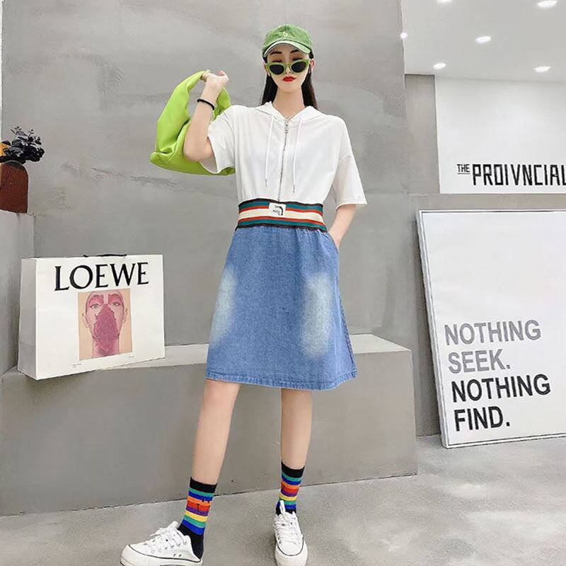 サマールーズフードジッパー薄手ドレス 大きめサイズ 夏物 ヨーロピアン ステッチ ミックスインファッション17448686464