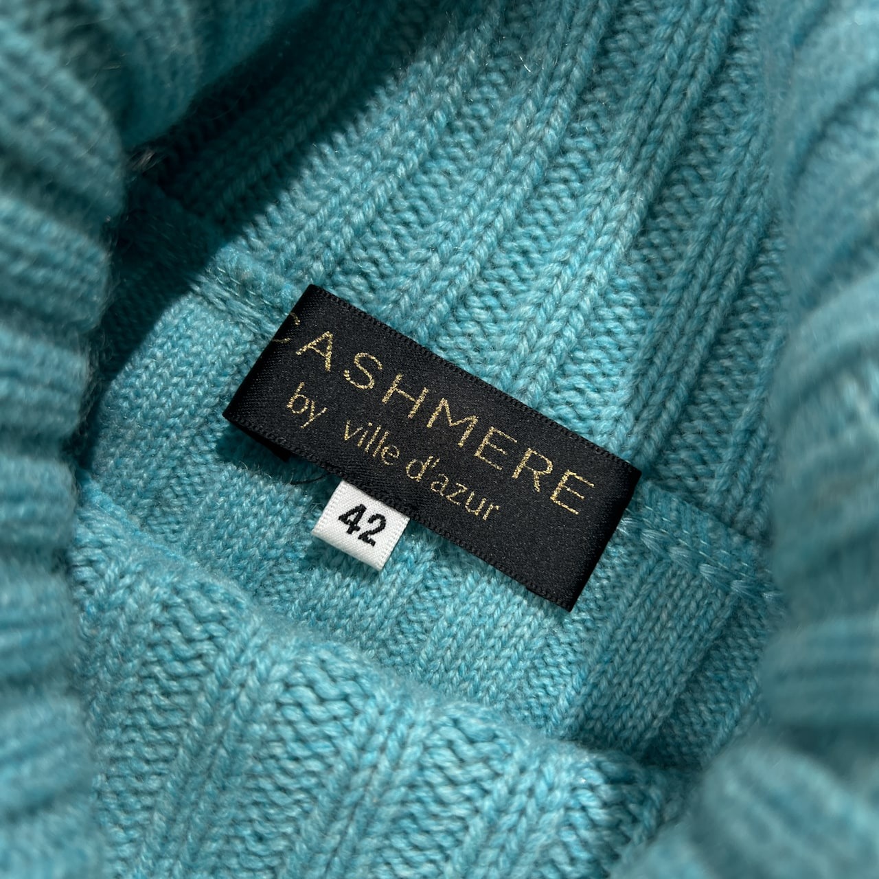 カシミヤ100% Ville d'azur ビルダジュール タートルネック 半袖 ニット セーター サイズ 42 /ワールド/水色×ダークブラウン系
