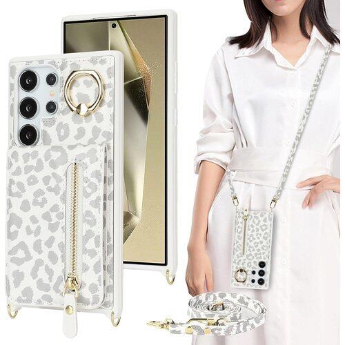 Galaxy S24 Ultra ケース ショルダー ストラップ付き ショルダーケース 背面フリップ 上下開 手帳型 Galaxy S24 Ultra SC-52E doo SCG26 au 対応 サムスン ギャラクシー S24ウルトラ カバー case 適用 iCoverCase リング付き カード収納 縦置き 横置き スタンド 肩がけ 首掛け 斜め掛け カバー 豹柄 ヒョウ柄 ホワイト 2615