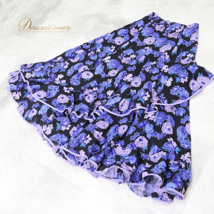 フラメンコ 衣装 ファルダ スカート 黒 紫 花柄 ラメ フリル レース