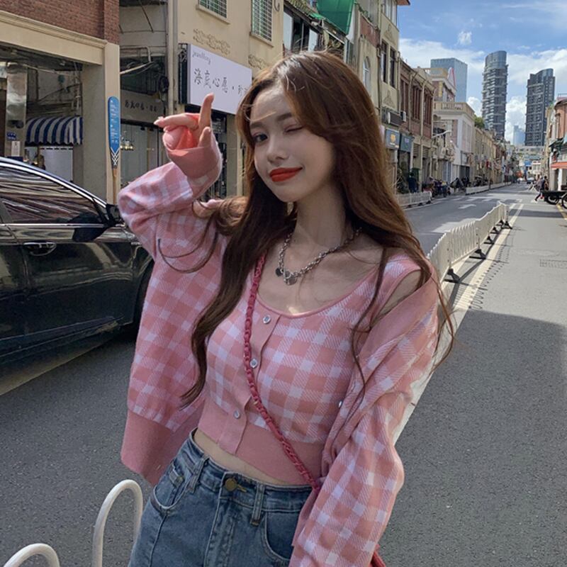 スプリングセーター カーディガンジャケット 格子柄スリム ピンク 春物 スーパーモール71328708987