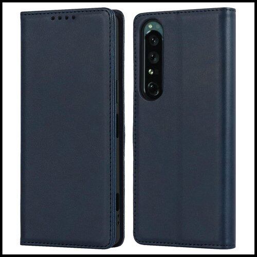 Sony Xperia 1 IV ケース 手帳型 FROLAN スマホケース レザー 携帯カバー マグネット式 カード収納 軽量 汗や指紋防止 耐衝撃 スタンド機能 着脱しやすい レトロ ネイビー 1361