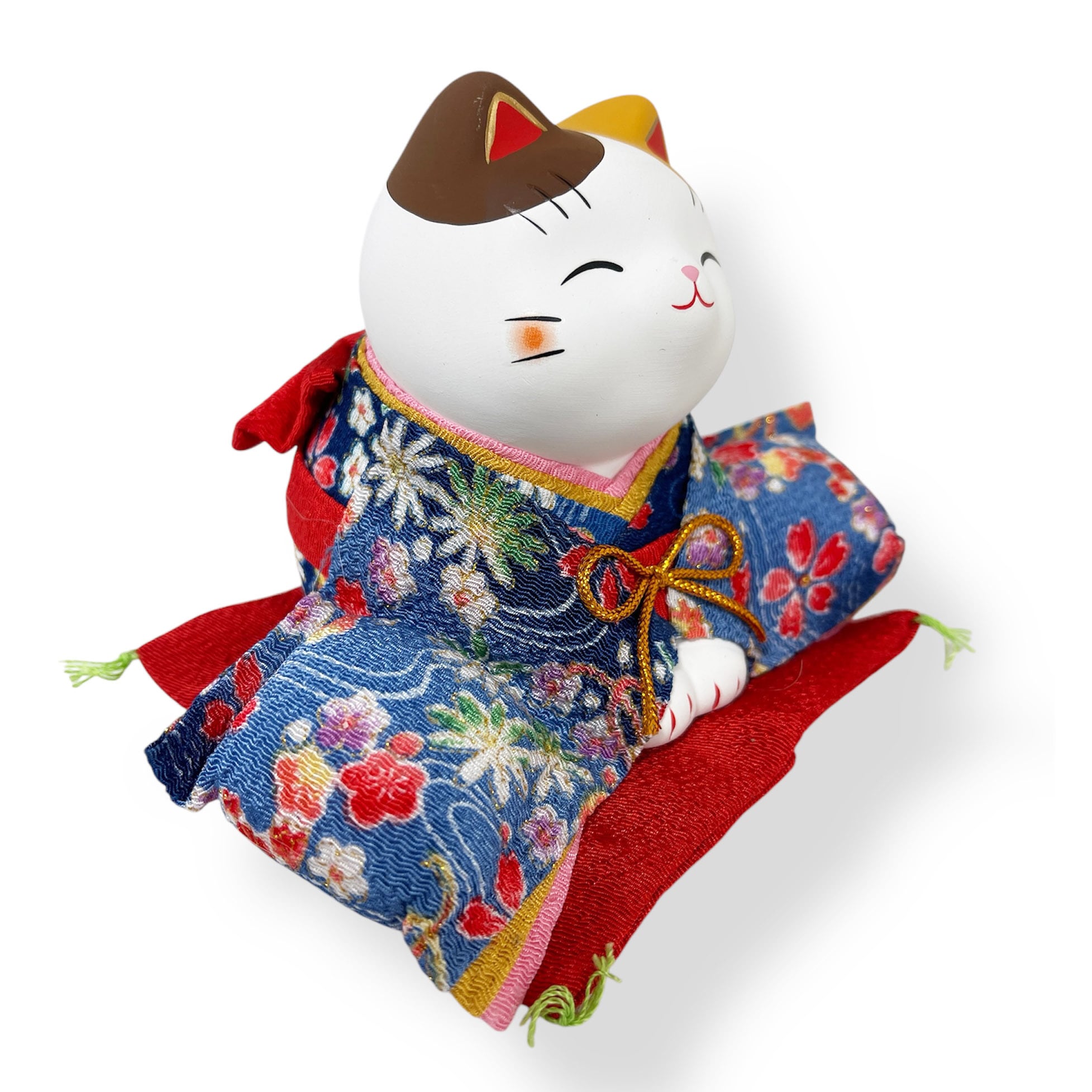 錦彩 ちりめん招き猫 置物 薬師窯 青きもの | 5291ban