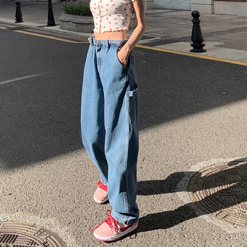 スタンダードスタイルジーンズ レディースサマー薄手ハイウェストウェストルーズワイドレッグパンツ レトロ 夏物 ワイドパンツ ブラックストロベリース79383408839