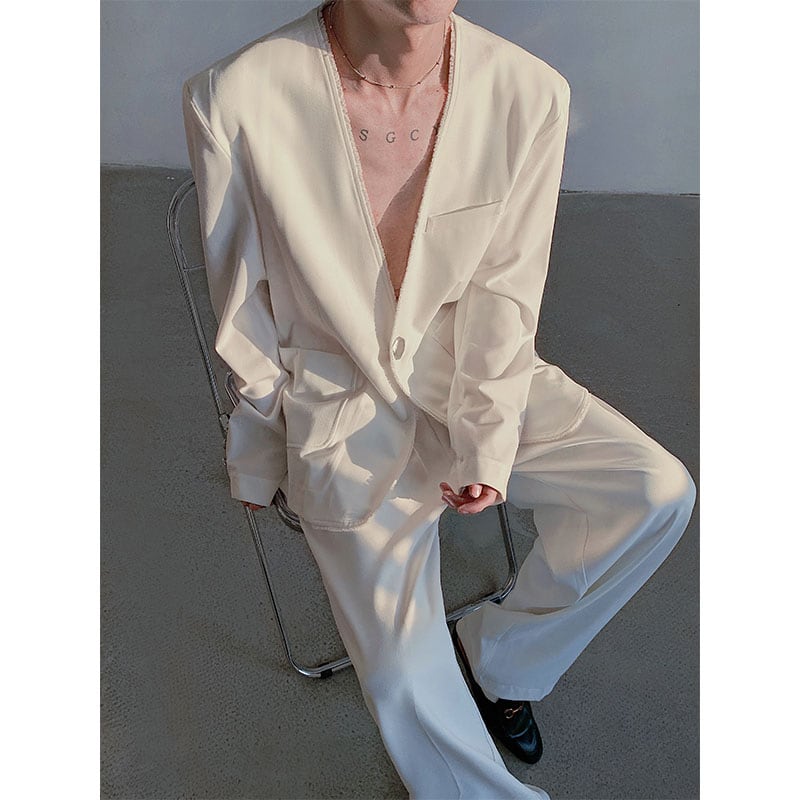 ピュアホワイト メンズ ビッグVネック ブレザー ローエッジデザイン