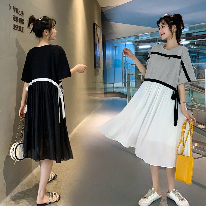 【新作】【送料無料】 マタニティドレス2019夏バージョンの新しいファッションステッチルーズラウンドネックミドル丈プラスサイズのマタニティドレス-アリババ 大きめサイズ サマー 夏物 Oネック expec276419719681