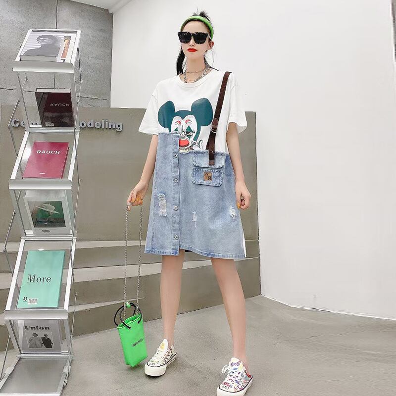 ラウンドネックルーズTシャツ ドレス 大きめサイズ Oネック ステッチ ミックスインファッション86398852231