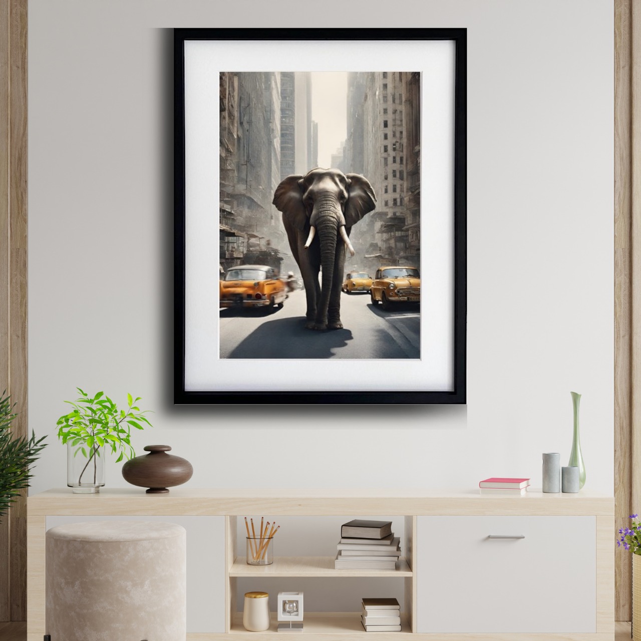 Elephant Trip｜象が都会を旅するピンクのコラージュアート｜子供部屋・リビングを明るく彩る額縁付きインテリアポスターA3ポスター