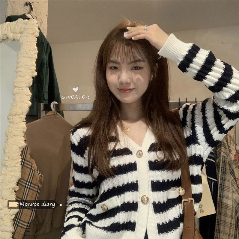 スタイルストライプVネックニットカーディガンオータム薄手セーター ジャケット ショートトップス ロング 秋物 モンロー66191194301