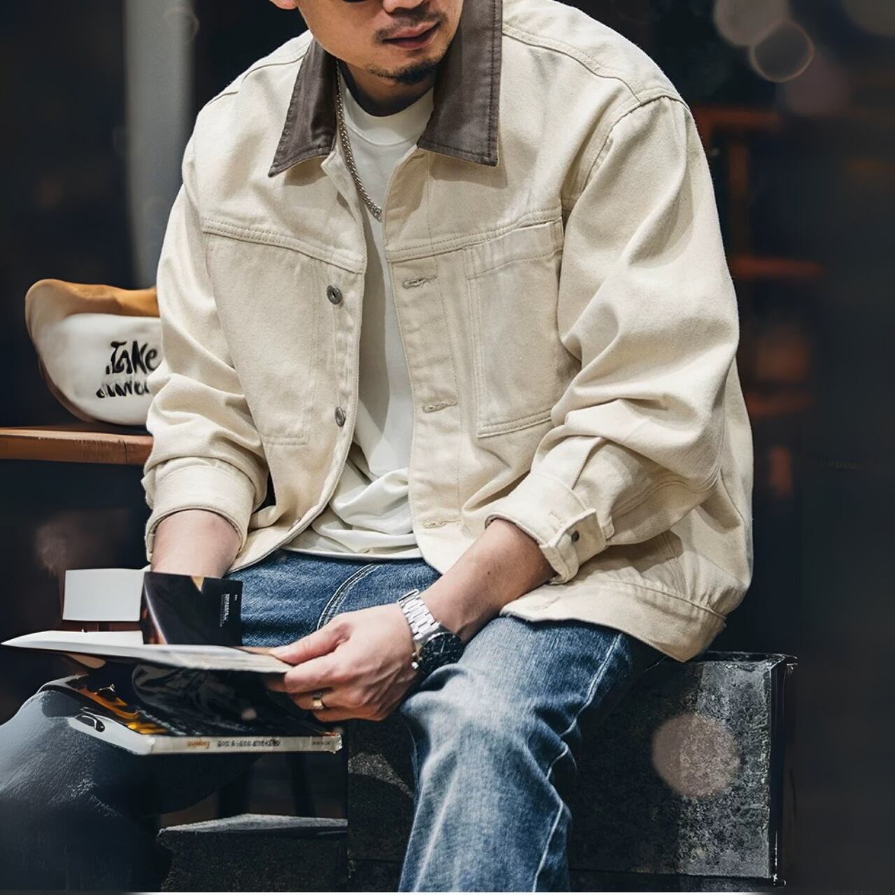 コーデュロイ襟付き ボタンフロント レギュラーカラー ワークジャケット 00540