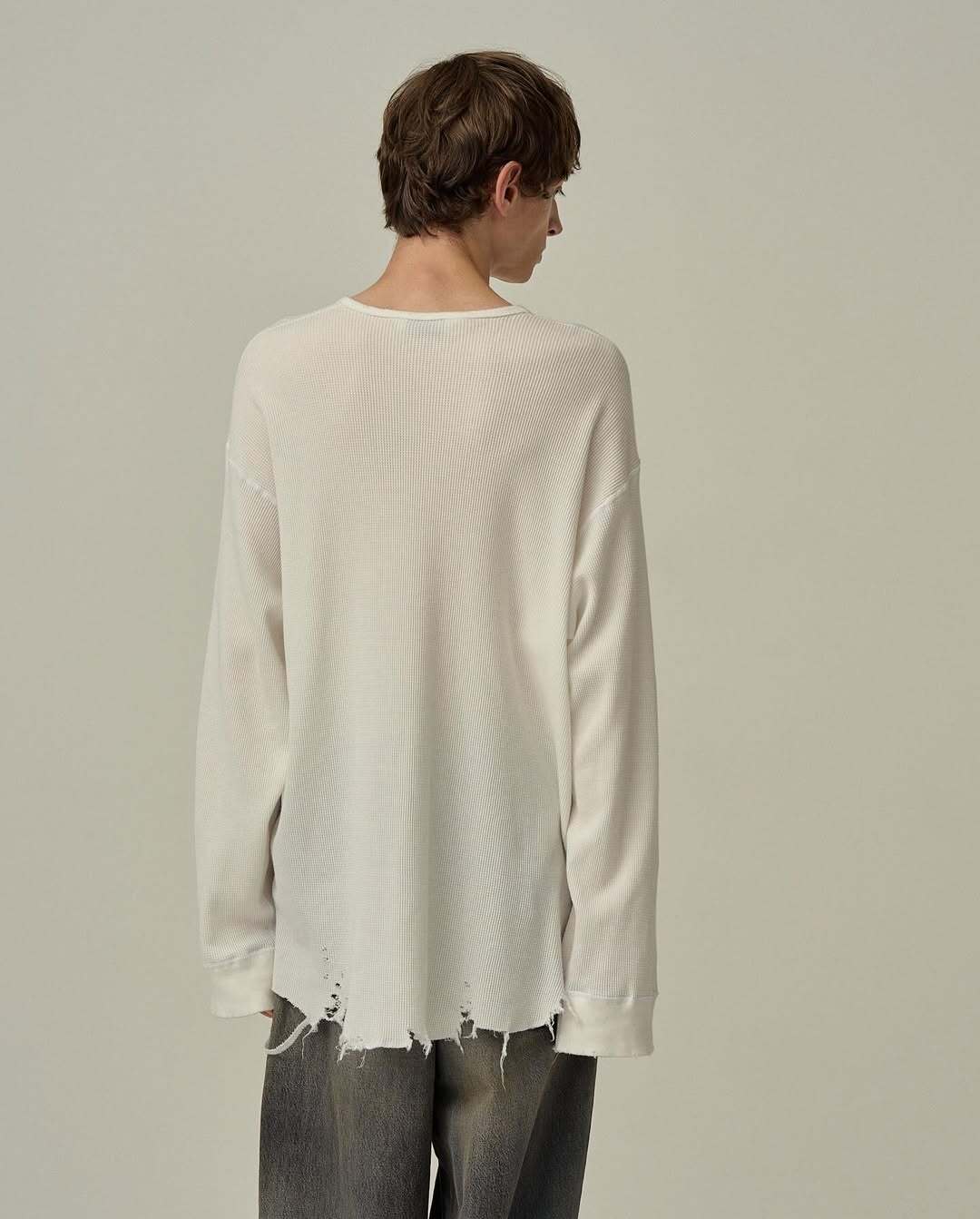 25AW】ANCELLM DAMAGE WAFFLE CREW LS T-SHIRT (WHITE) ANC-CT134