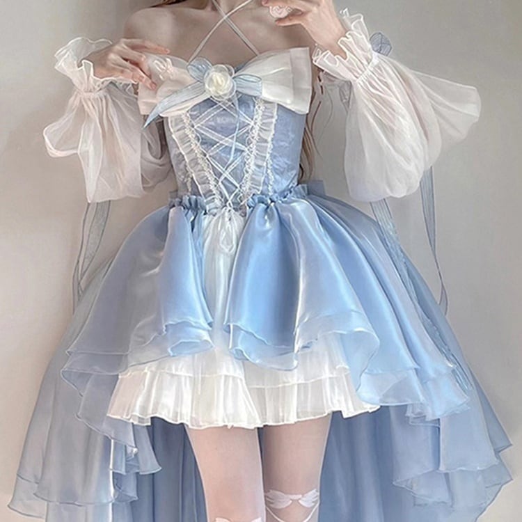 韓嬢♡ロリィタワンピース　ドレス　サックス 華ロリ ワンピース フィッシュテール 中華風 ロリィタ ドレス サックス