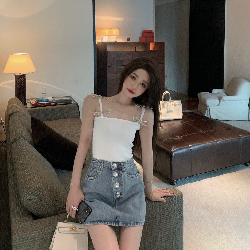 ラインストーンホワイトサマー薄手スタイルノースリーブトップス シャツ リボン 夏物 シルク ブラックストロベリース30898829305