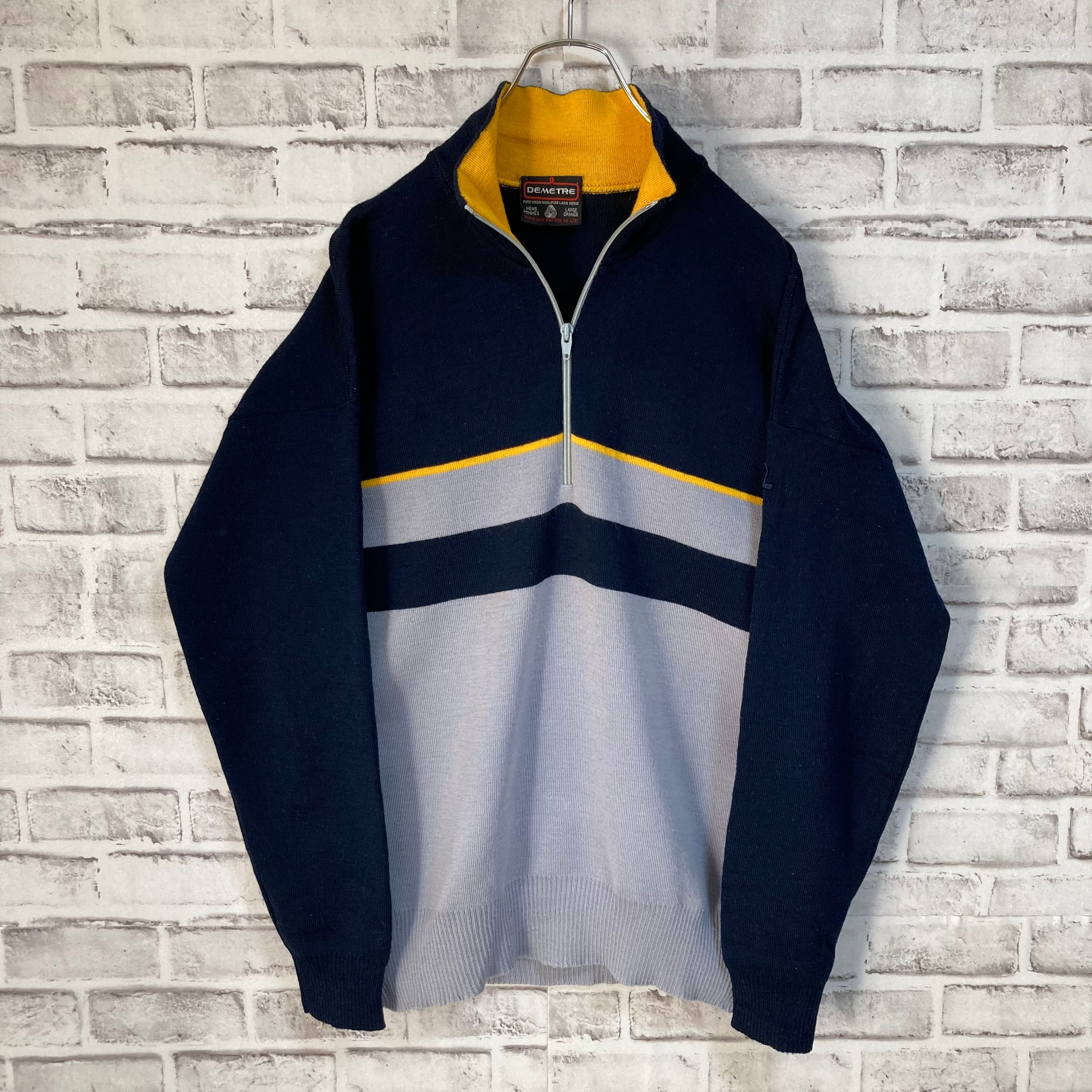 【DEMETRE】Halfzip Knit L Made in CANADA ハーフジップ ニット セーター カナダ製 ウール100% 切替 ゆるだぼ ビッグシルエット アメリカ USA 古着