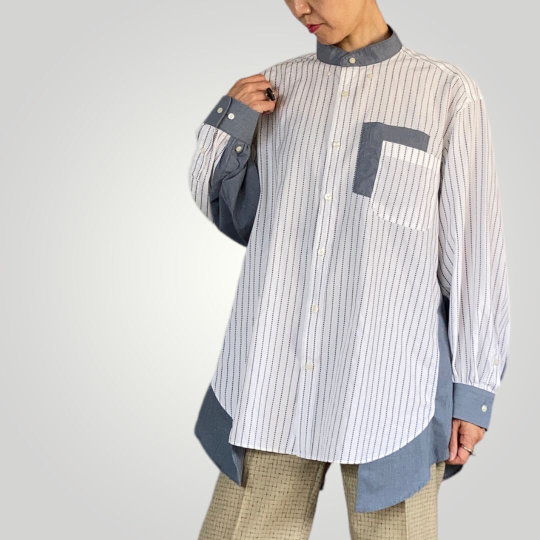 ZOZOTTE remake unisex oversize shirt typeA / リメイクユニセックスオーバーサイズシャツ/ ホワイト&ブラック柄/ブルーグレー