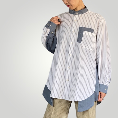 ZOZOTTE  remake unisex oversize shirt typeA / リメイクユニセックスオーバーサイズシャツ/ ホワイト＆ブラック柄／ブルーグレー