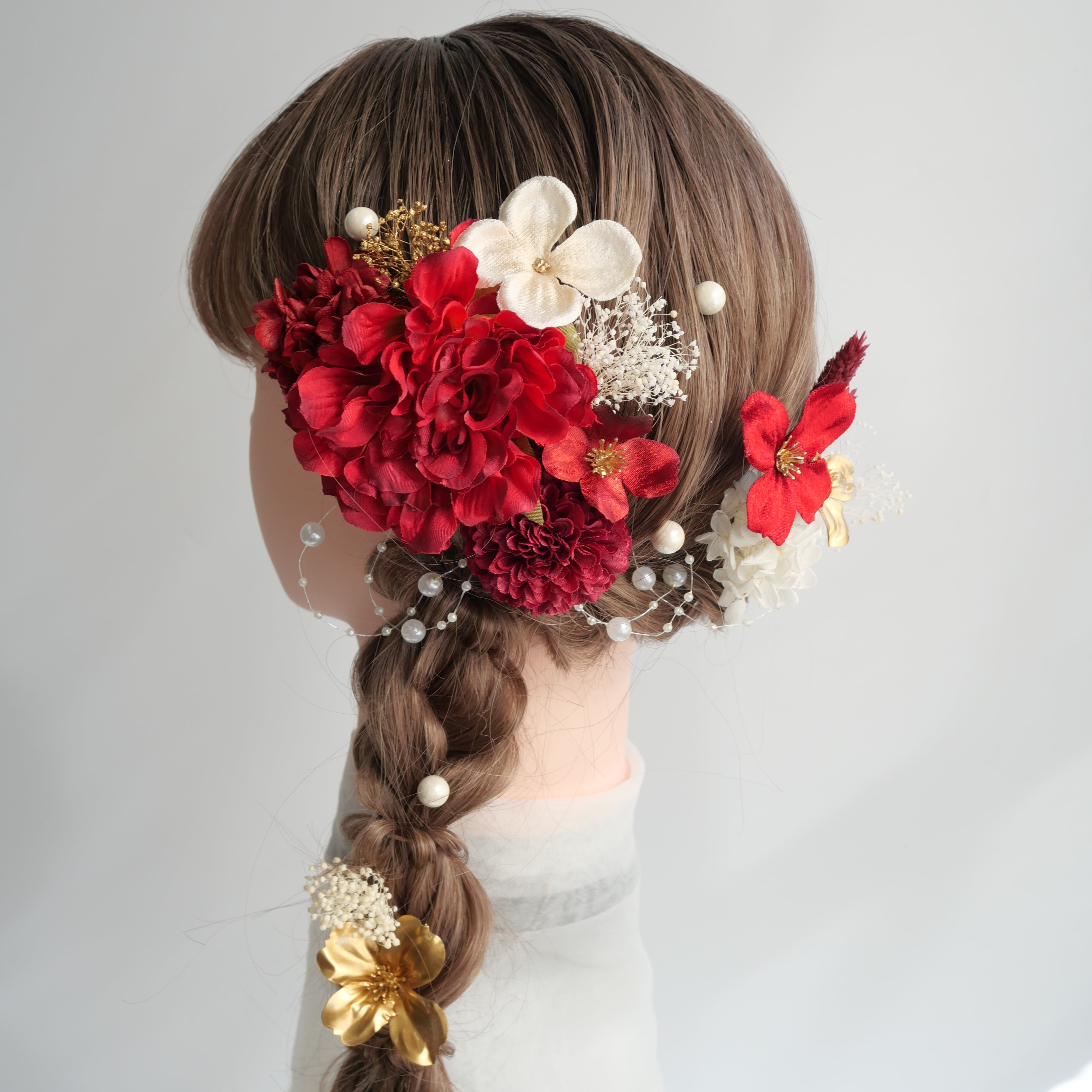 A083 赤 ダリアの髪飾り 成人式 卒業式 前撮り 結婚式 水引