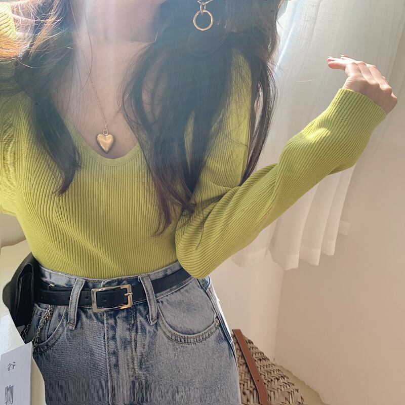 スタンダードセーター ソリッド カラースリムシャツ レディース ロング レトロ ソリッドカラー スクウェア ビッグFスモールZ韓国87325204416