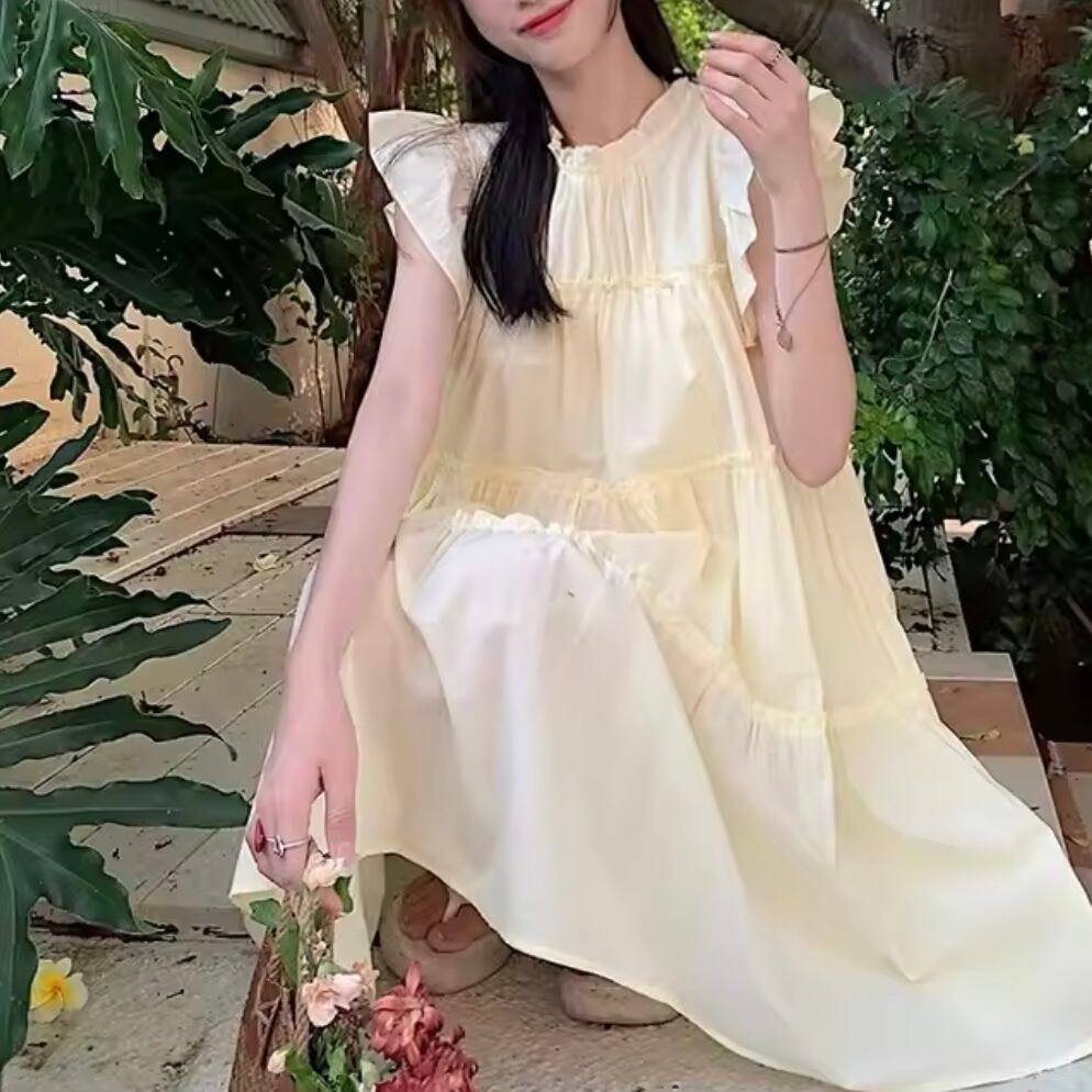 フリルフレンチスリーブティアードワンピース