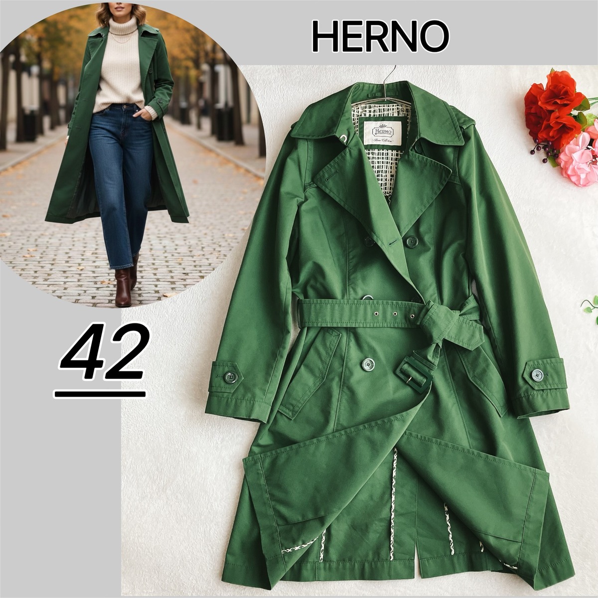 【美品】ヘルノ HERNO★ダブル トレンチコート Aライン ベルト付き ロゴボタン イタリア製 グリーン系 | A.N skinny