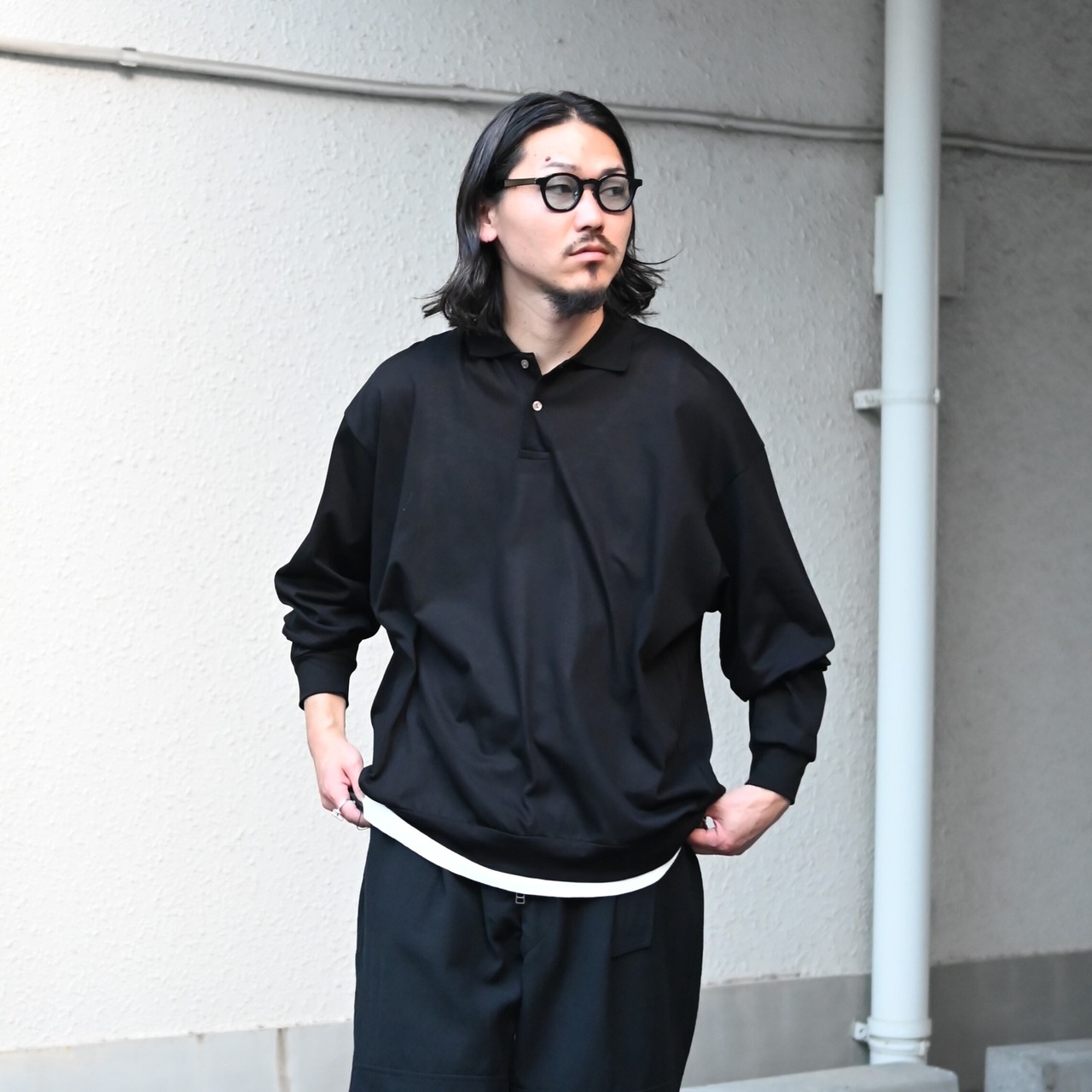 AUBERGE(オーベルジュ)レザーカバーオール、山内ツナギパンツコーディネート