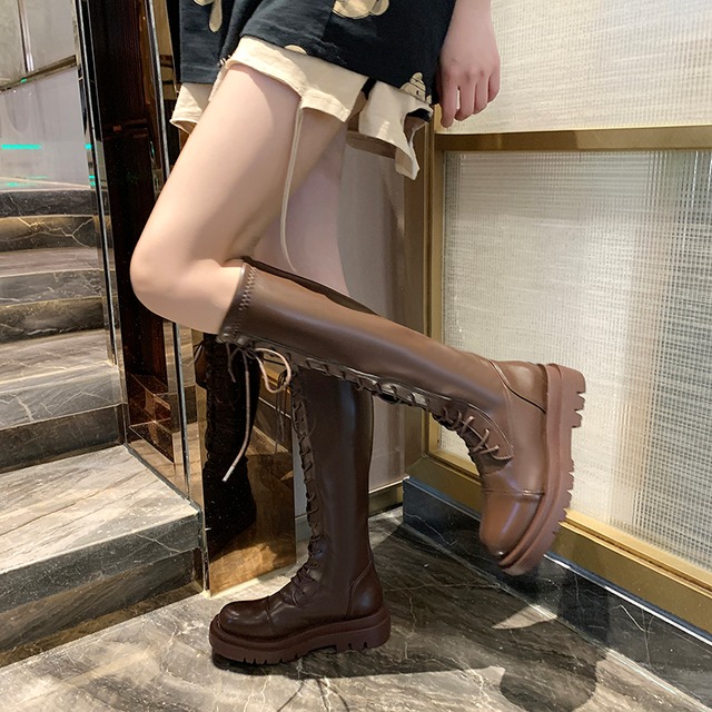 ロングブーツオータムウィンタースタンダード レトロ レース 靴 シューズ 秋物 冬物 レースアップ 部族の婦人靴48125890285