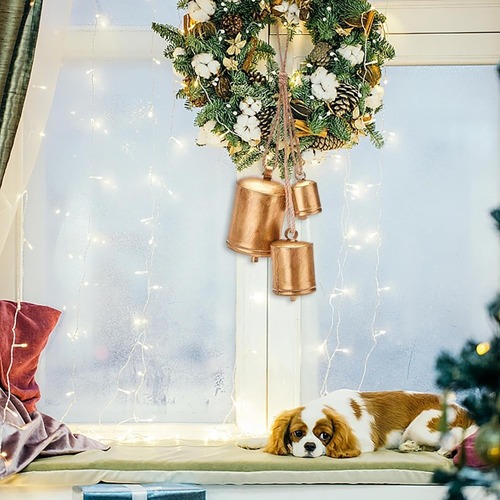 壁掛け装飾 3個 金属 真鍮 ロープ付き カウベル クリスマス装飾 シック 鐘 カントリースタイル ヴィンテージ レトロ