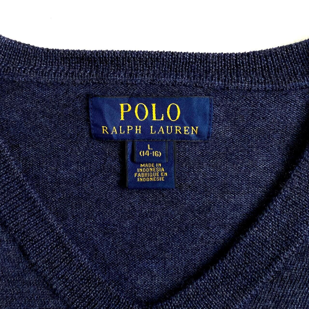 Polo Ralph Lauren ポロ ラルフローレン Vネック ウールニットセーター ボーイズL レディースS相当 古着 ネイビー 紺色  ワンポイントロゴ刺? 薄手 【ニットセーター】【AL2110】 | cave 古着屋【公式】古着通販サイト