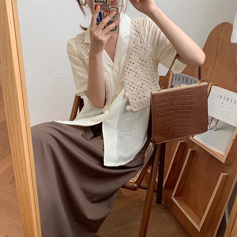 ショートカラー半袖スリーブトップス サマーカジュアル薄手シャツ ハーフスリーブ 夏物 ビッグFスモールZ韓国92416406594